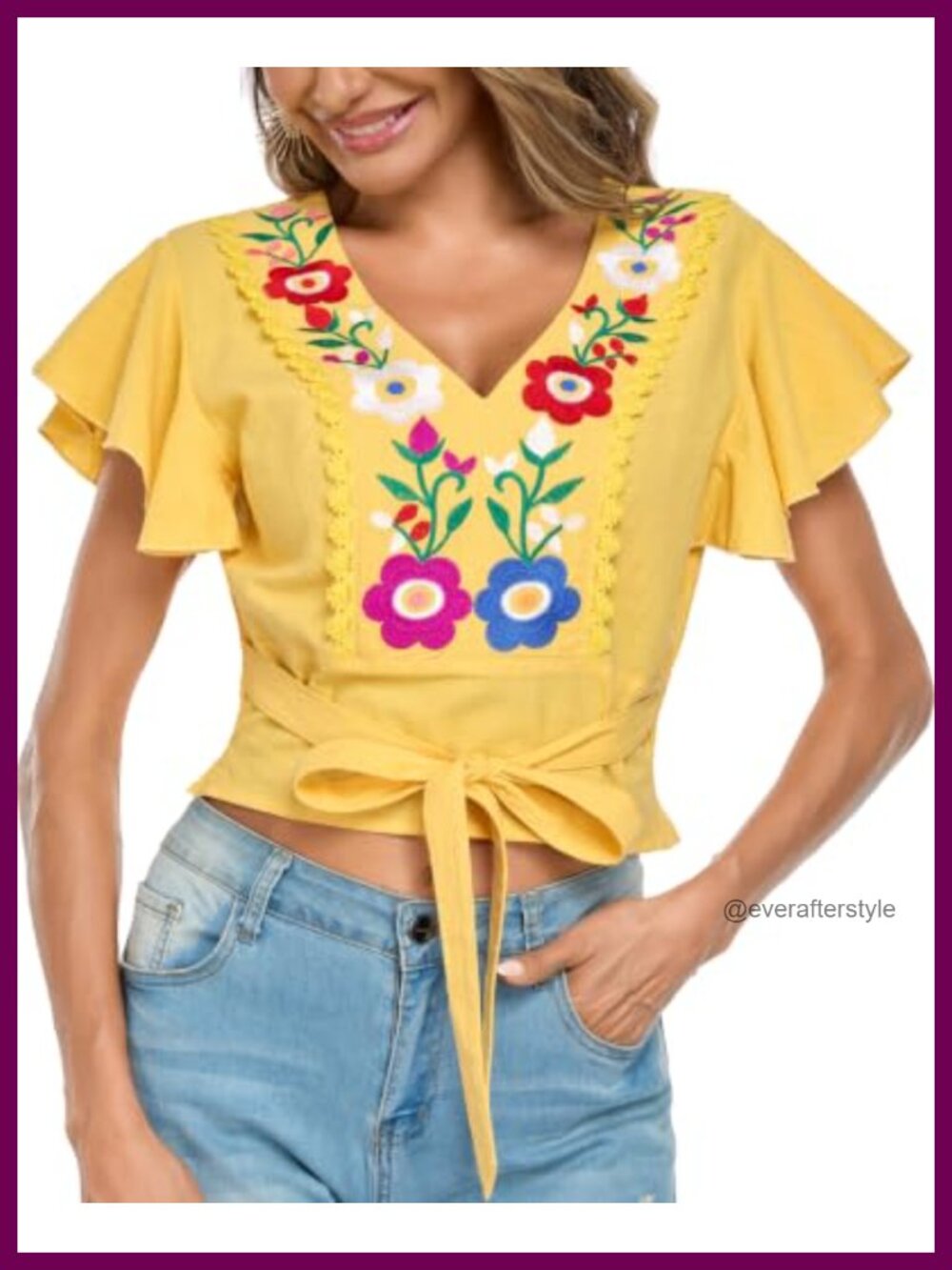 Womens V Neck Tie Front Crop Top Boho Embroidered Ruffle Sleeve Blouse